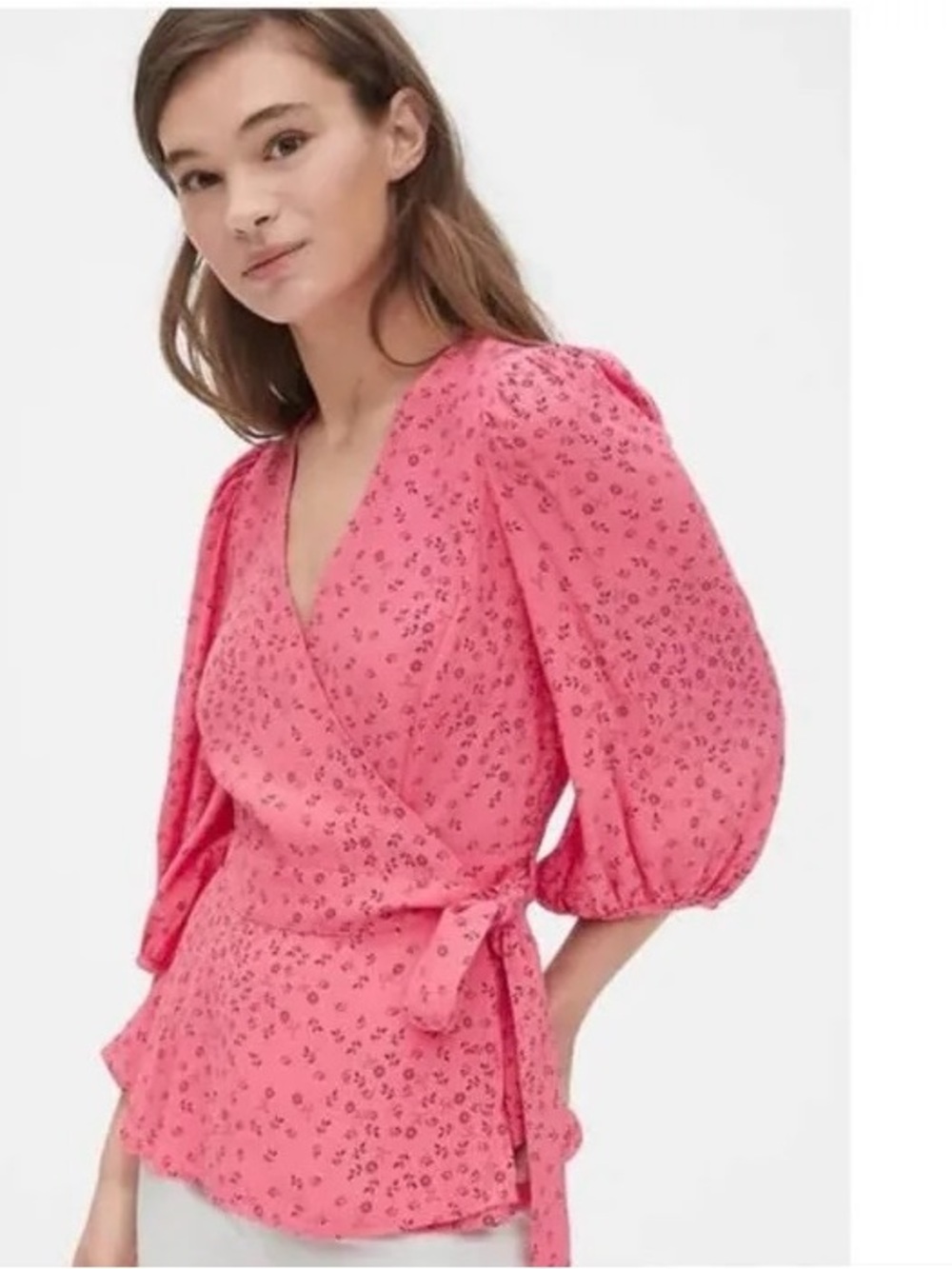 GAP Pink Floral Wrap Top with Puff Sleeves
